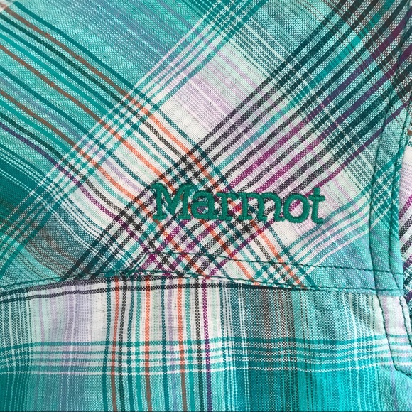 Marmot Plaid Button Up Long Sleeve Shirt Size Small Teal Nylon Outdoor Hiking - Picture 9 of 16